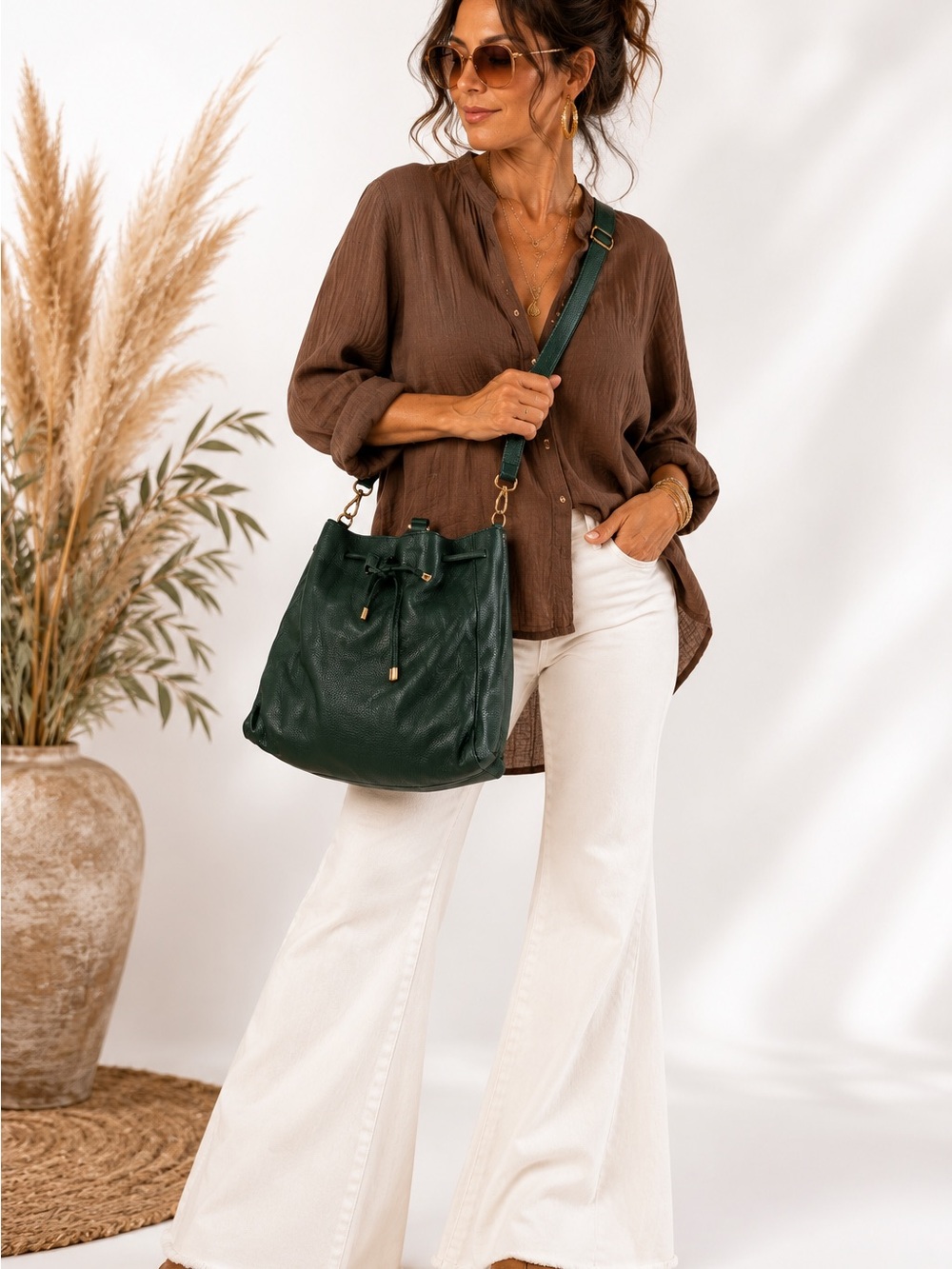 LAGGO  Drawstring Hobo Bag Rare Forest Green Leather Crossbody adjustable strap